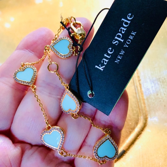KATE SPADE BRACELET ⭐️TAKE HEART PAVE CRYSTAL- MINT ENAMEL CZ GOLD TONE-Pierced - Picture 3 of 16